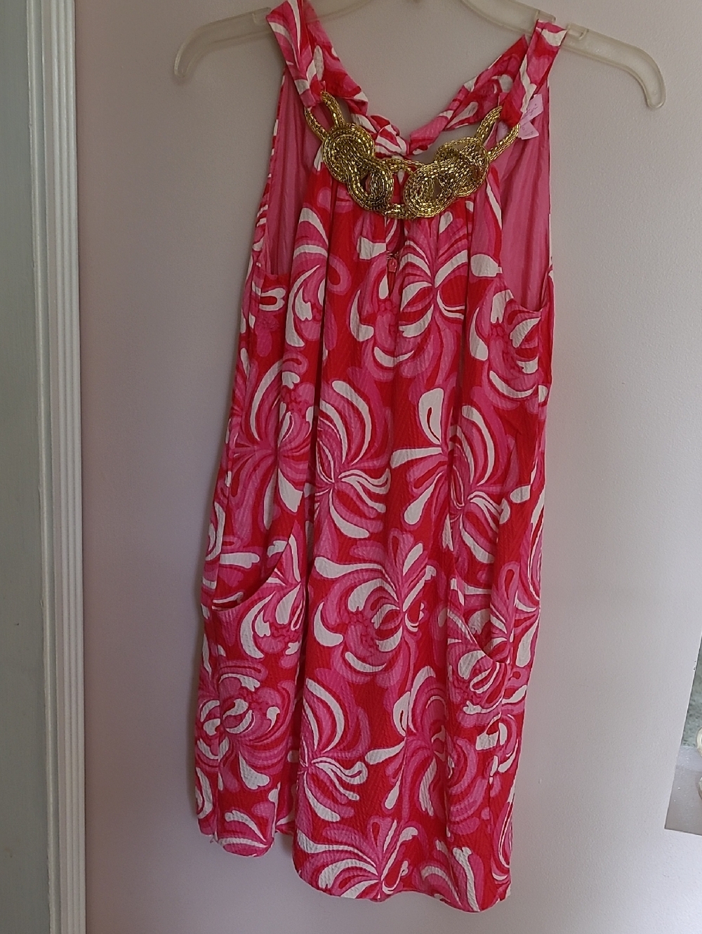 Lilly Pulitzer Pink & White Sleeveless Sundress with Gold Neck Detail